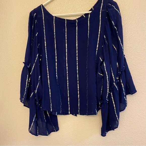 Anthropologie Floreat Navy Blue festival semi sheer Blouse Top fairy Bell L - Picture 3 of 8
